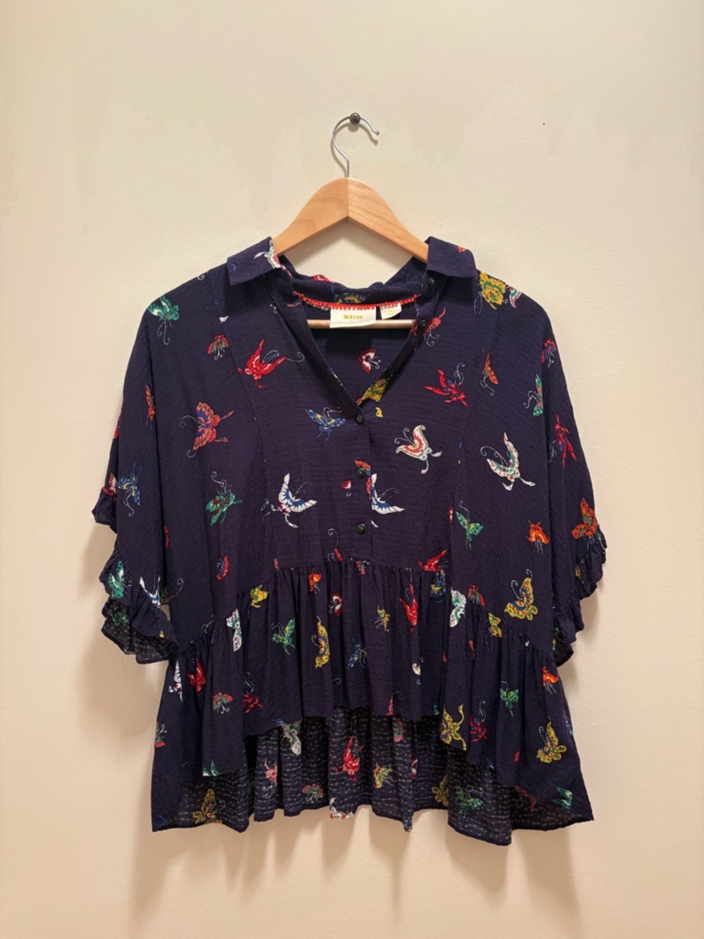 Anthropologie Maeve XS Mallory Ruffled Navy Butterfly Tiered Top